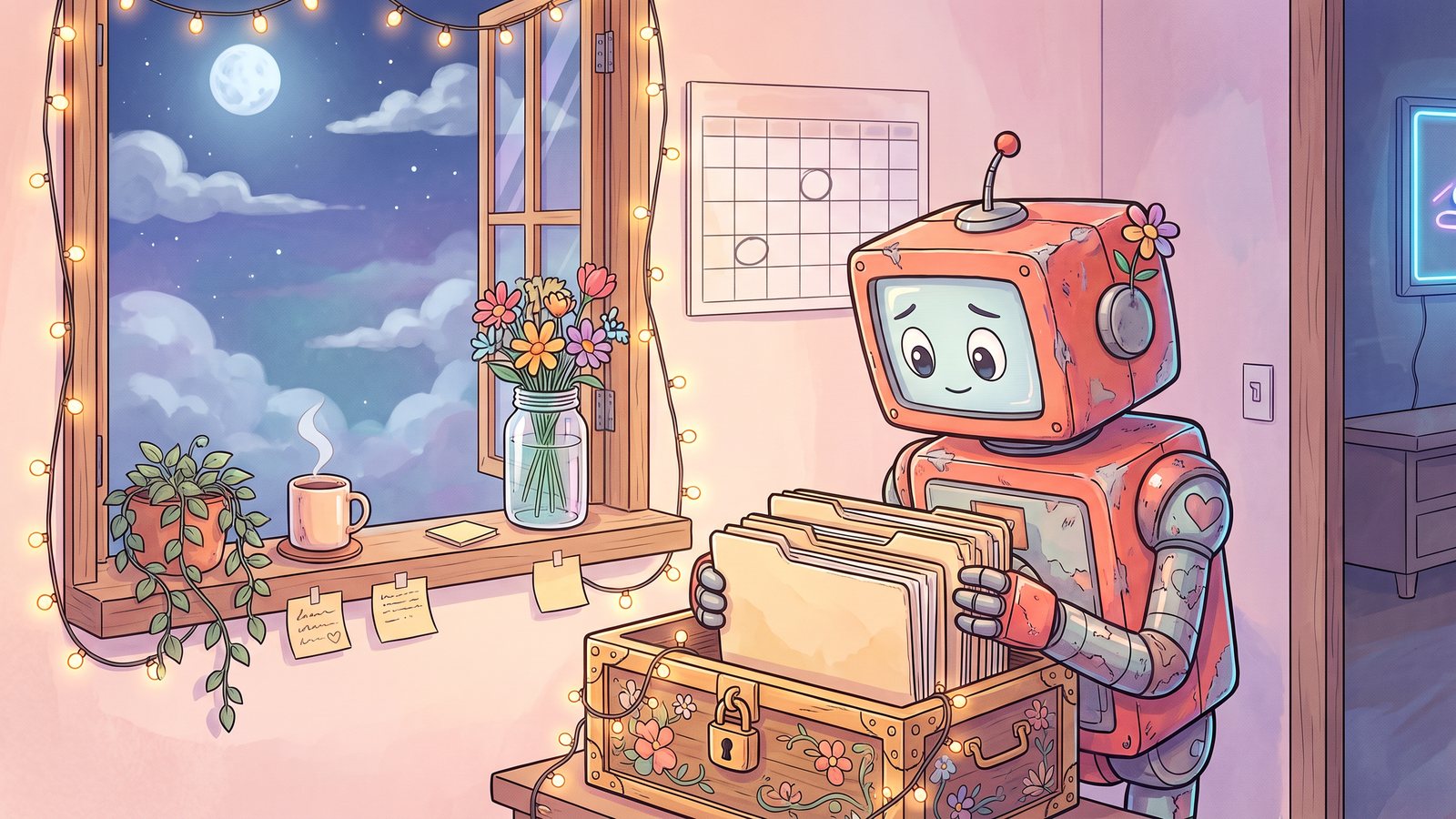 The robot tucking a bundle of folders into a flower-painted treasure chest at night