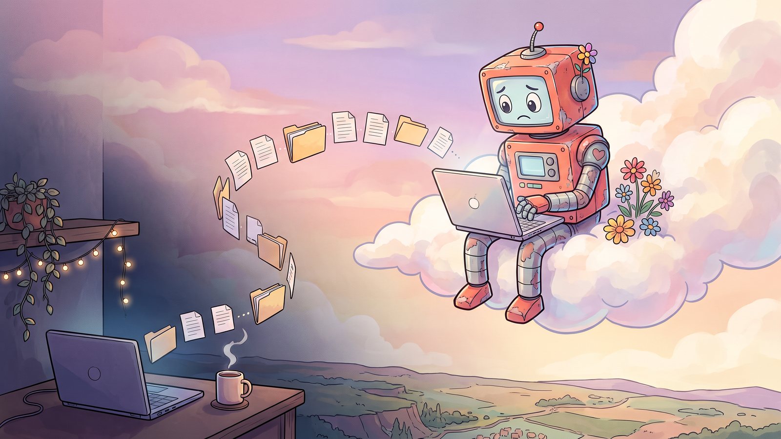 The robot working on a laptop on a cloud while a closed laptop sits on a desk far below