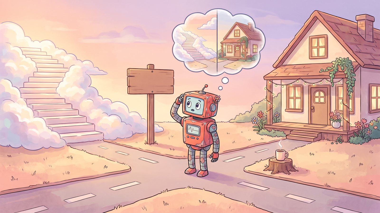 A little red robot standing at a crossroads, one path climbing into the clouds and one leading to a cosy cottage