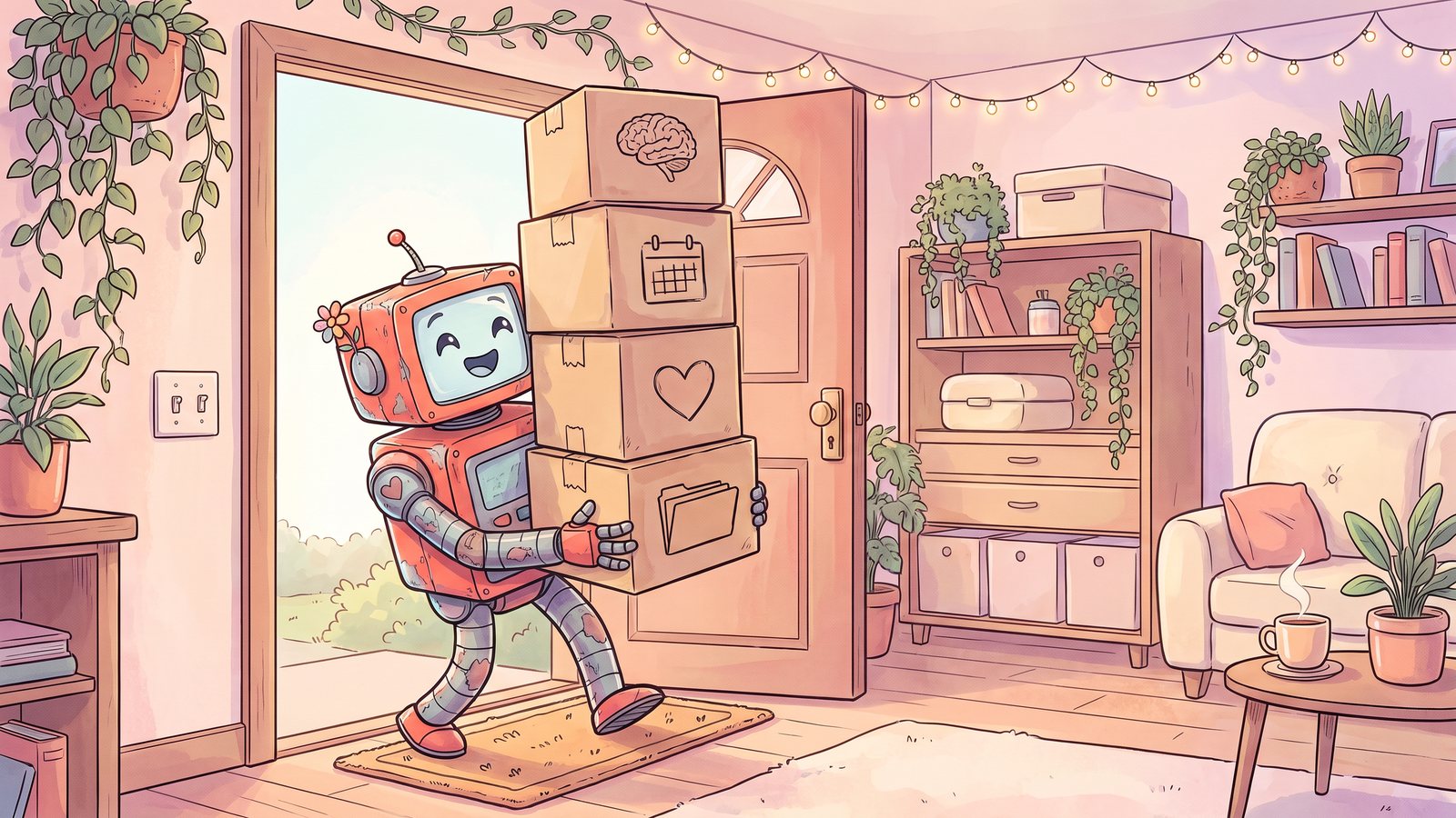 The robot happily carrying moving boxes into a cosy home office