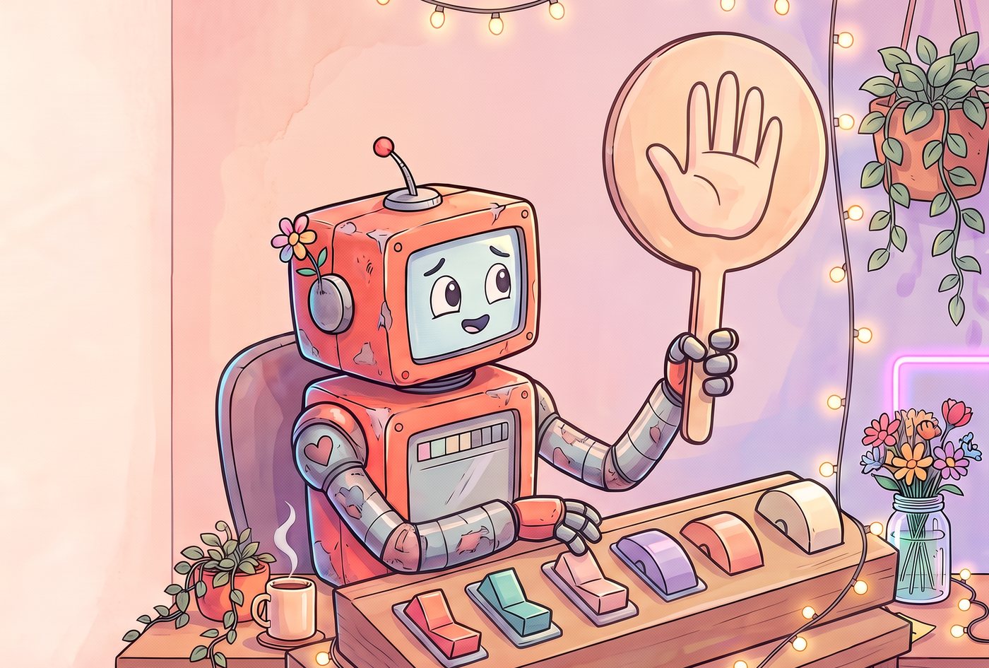 The robot at a control panel of dials, lowering a raised hand sign with a relieved smile